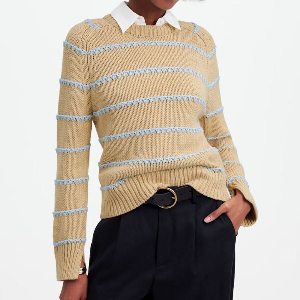 Textured Cotton Crewneck Sweater in Stripe Size Small